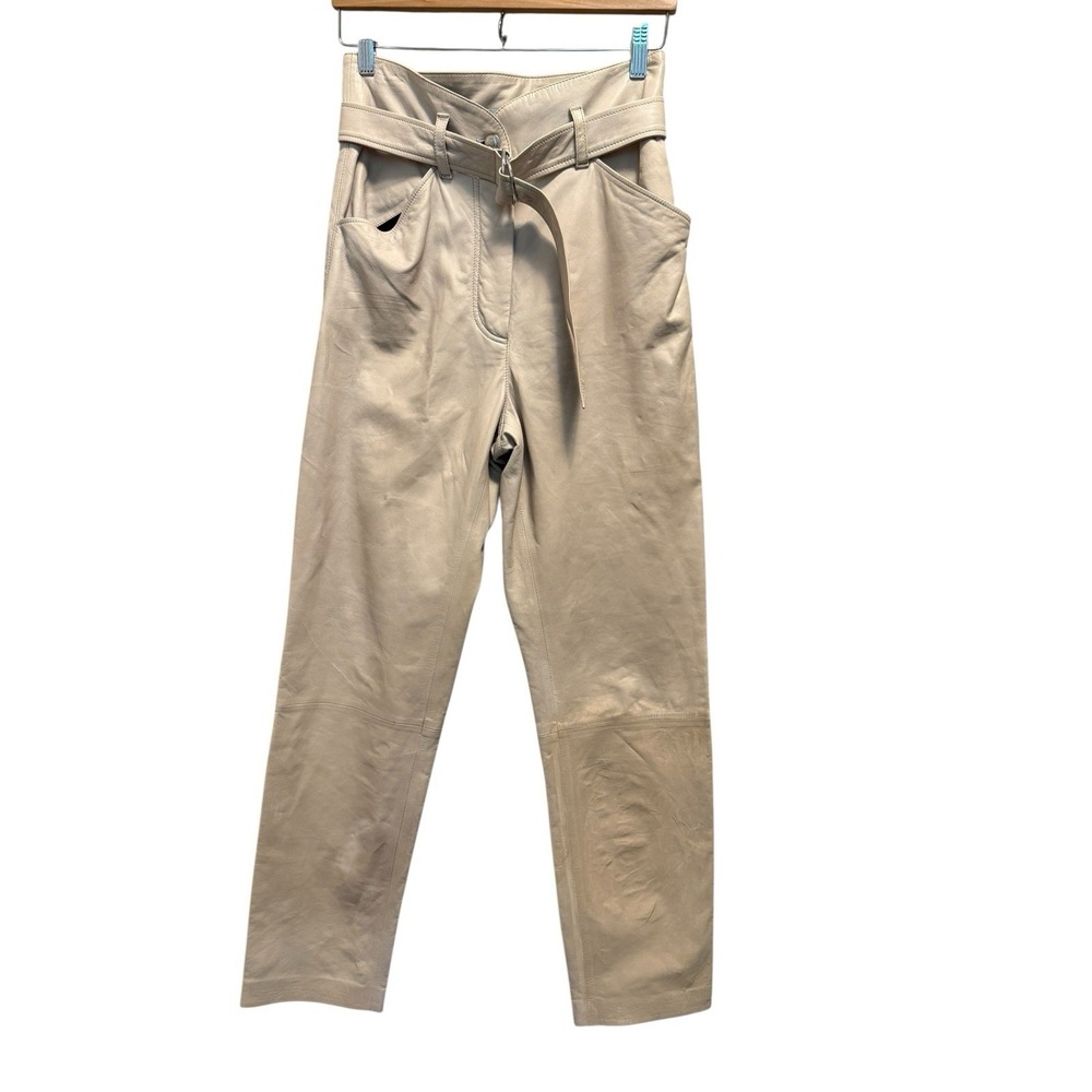 Iro Lenam Leather Pant Women's High Waist Belt Ankle Smokey Beige Size 36 or 4